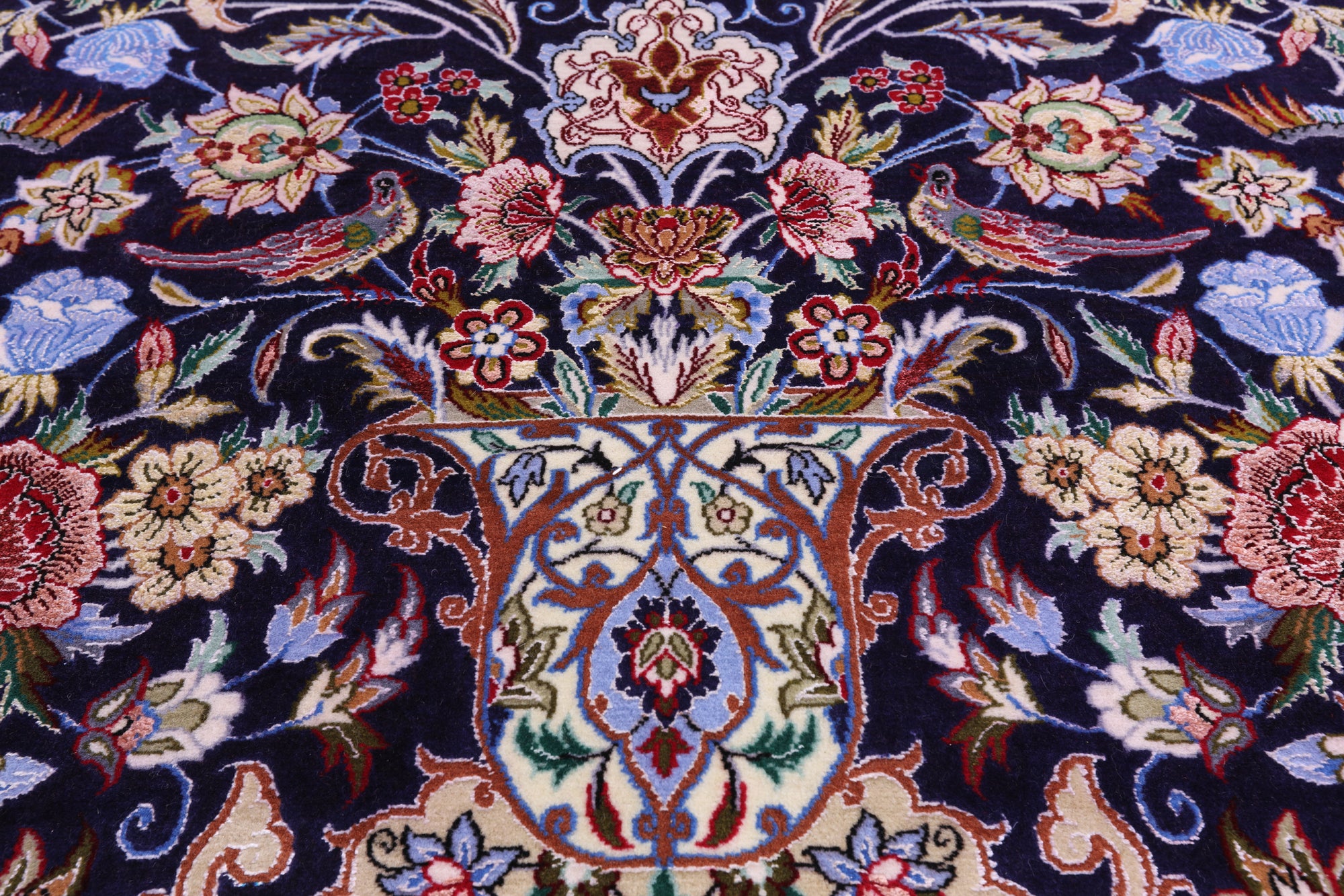 Blue Signed Isfahan Authentic Persian Hand Knotted Wool & Silk Area Rug - 4' 10" X 7' 7" - Golden Nile