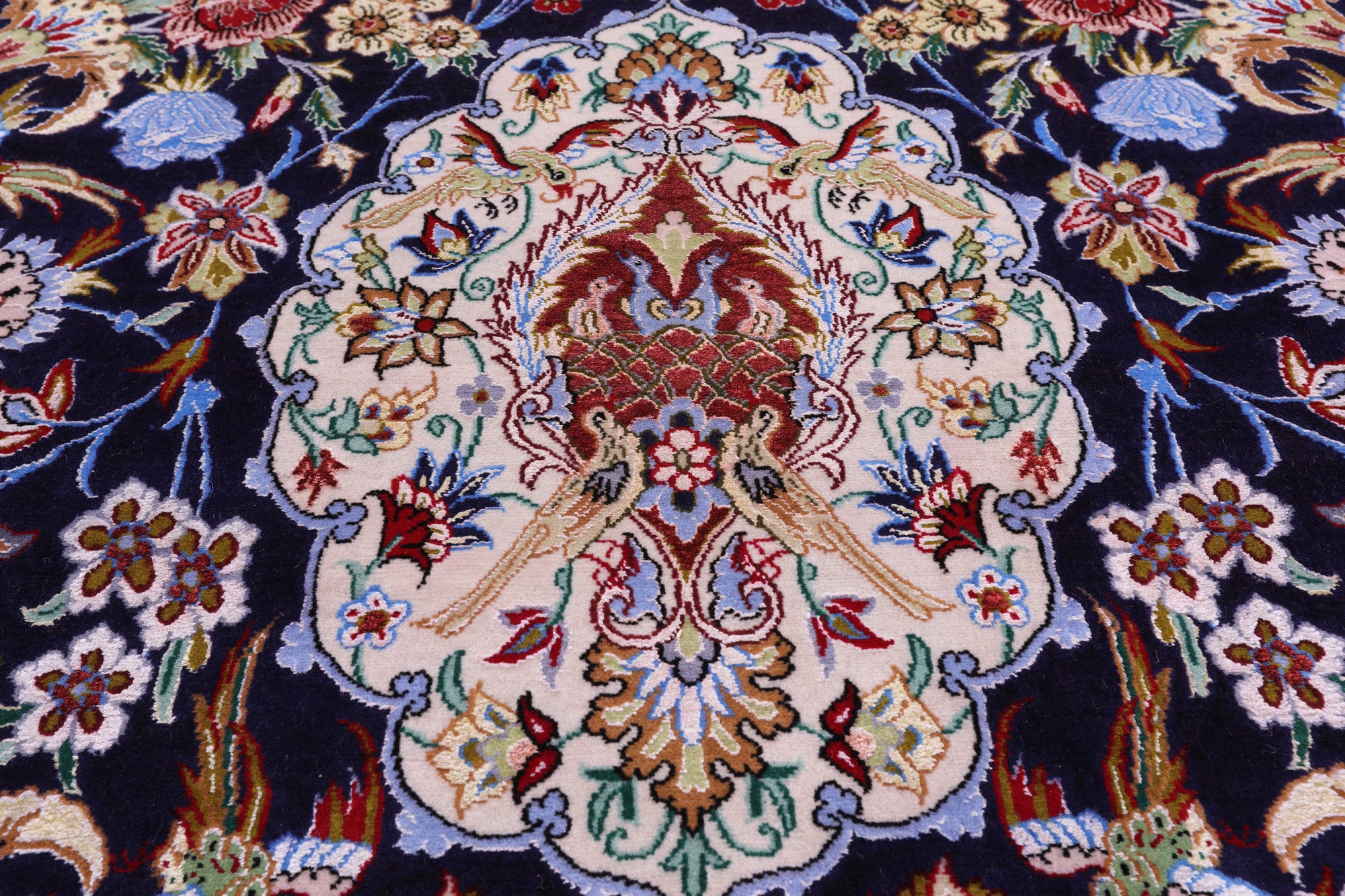 Blue Signed Isfahan Authentic Persian Hand Knotted Wool & Silk Area Rug - 4' 10" X 7' 7" - Golden Nile