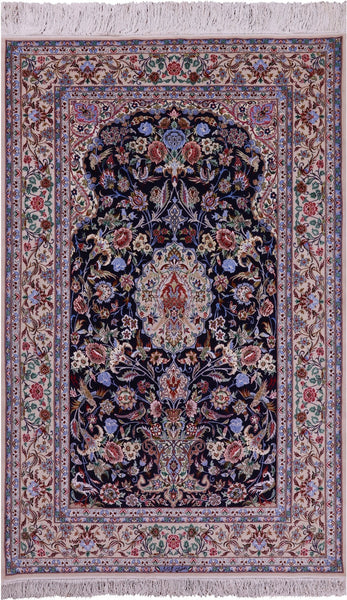 Blue Signed Isfahan Authentic Persian Hand Knotted Wool & Silk Area Rug - 4' 10" X 7' 7" - Golden Nile