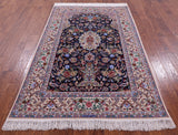 Blue Signed Isfahan Authentic Persian Hand Knotted Wool & Silk Area Rug - 4' 10" X 7' 7" - Golden Nile