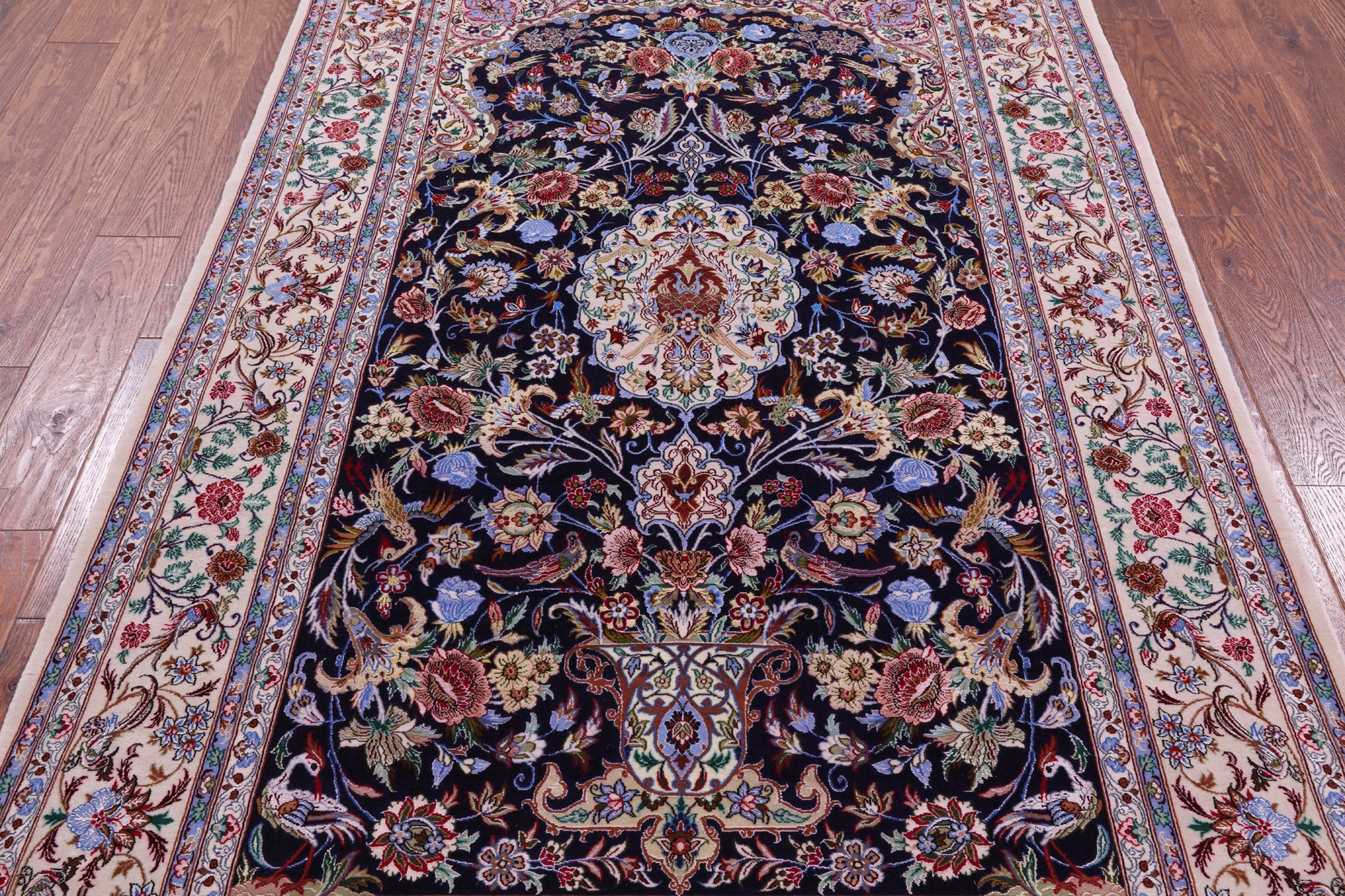 Blue Signed Isfahan Authentic Persian Hand Knotted Wool & Silk Area Rug - 4' 10" X 7' 7" - Golden Nile
