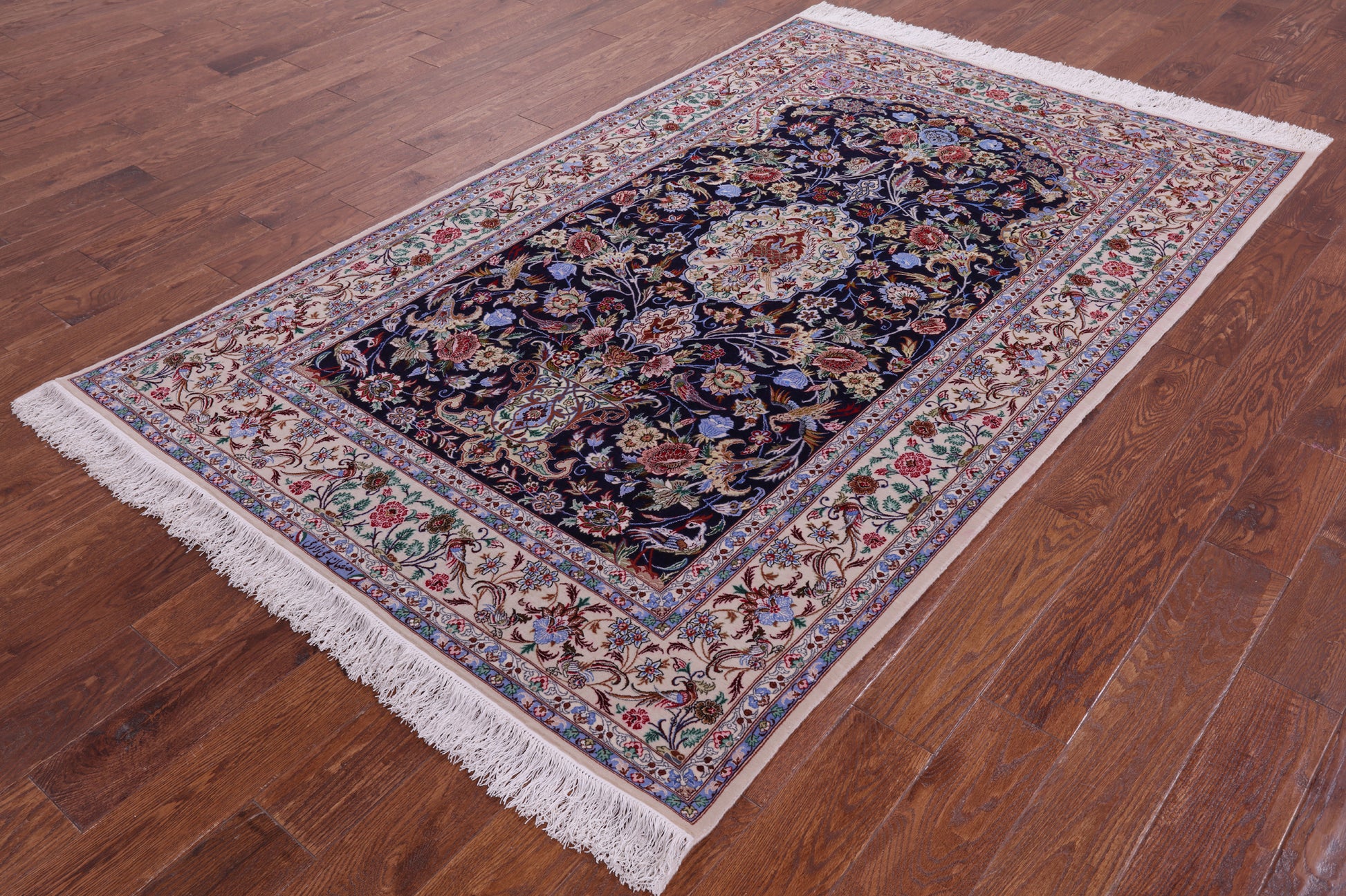 Blue Signed Isfahan Authentic Persian Hand Knotted Wool & Silk Area Rug - 4' 10" X 7' 7" - Golden Nile