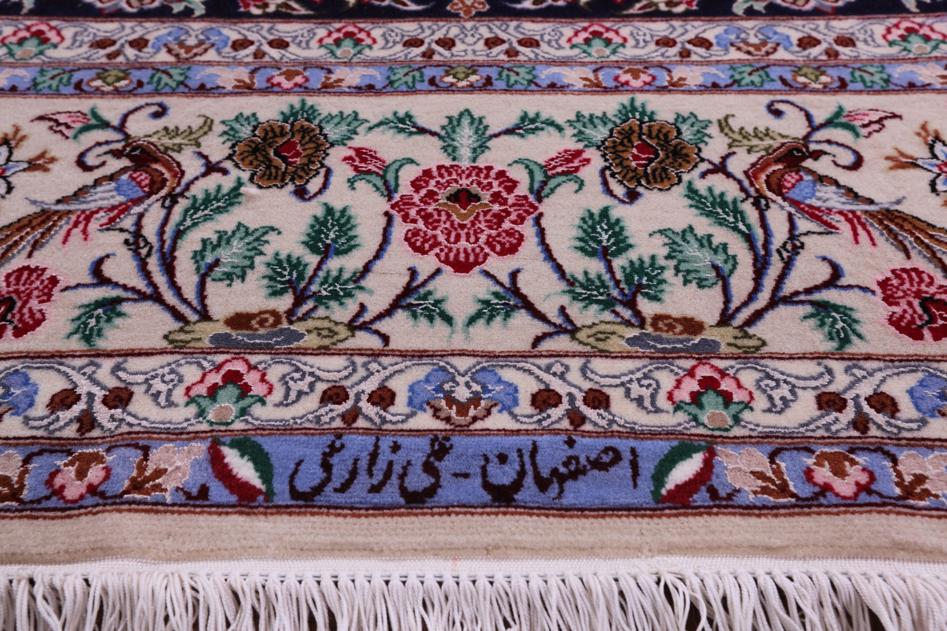 Blue Signed Isfahan Authentic Persian Hand Knotted Wool & Silk Area Rug - 4' 10" X 7' 7" - Golden Nile
