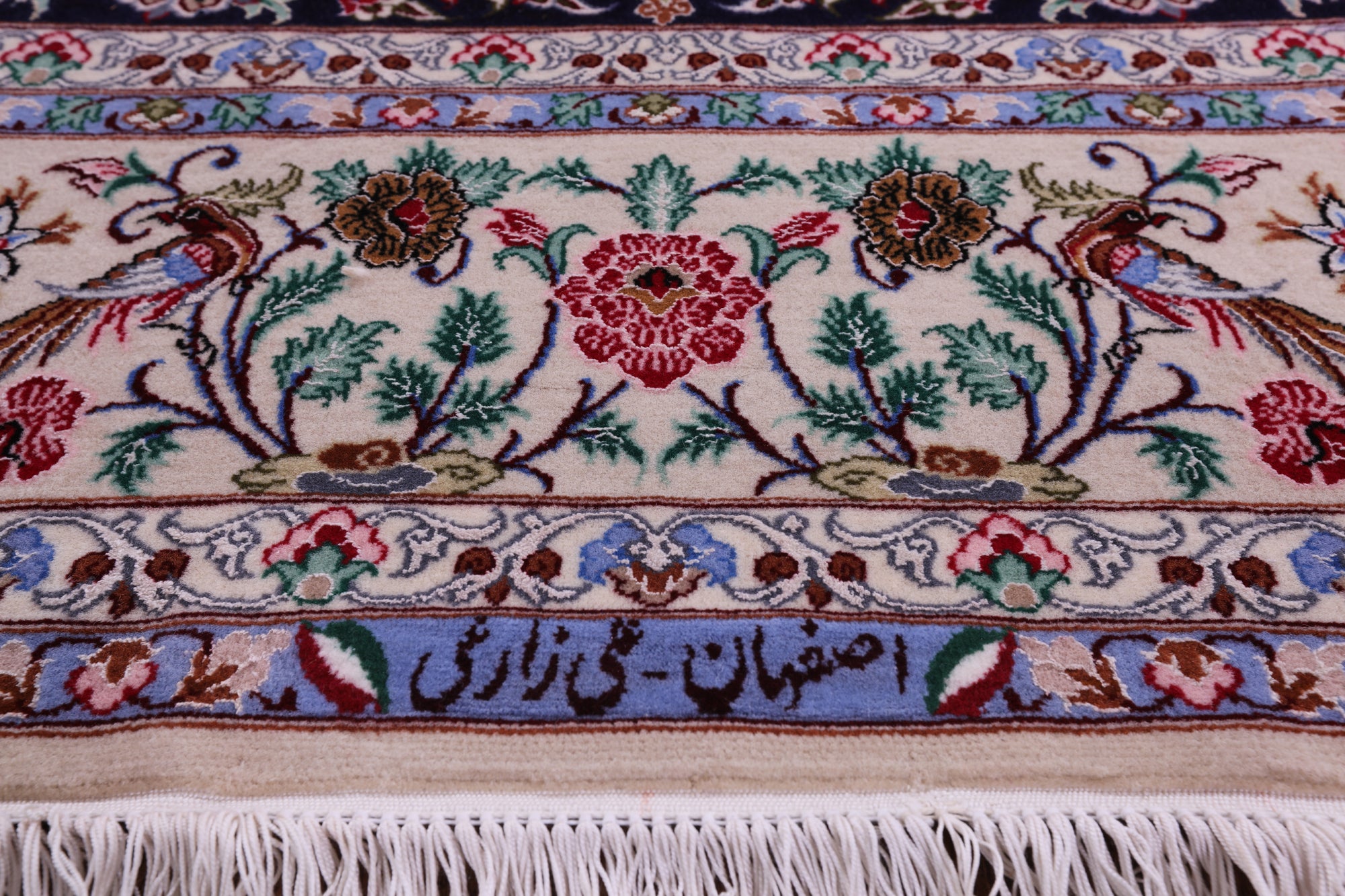 Blue Signed Isfahan Authentic Persian Hand Knotted Wool & Silk Area Rug - 4' 10" X 7' 7" - Golden Nile