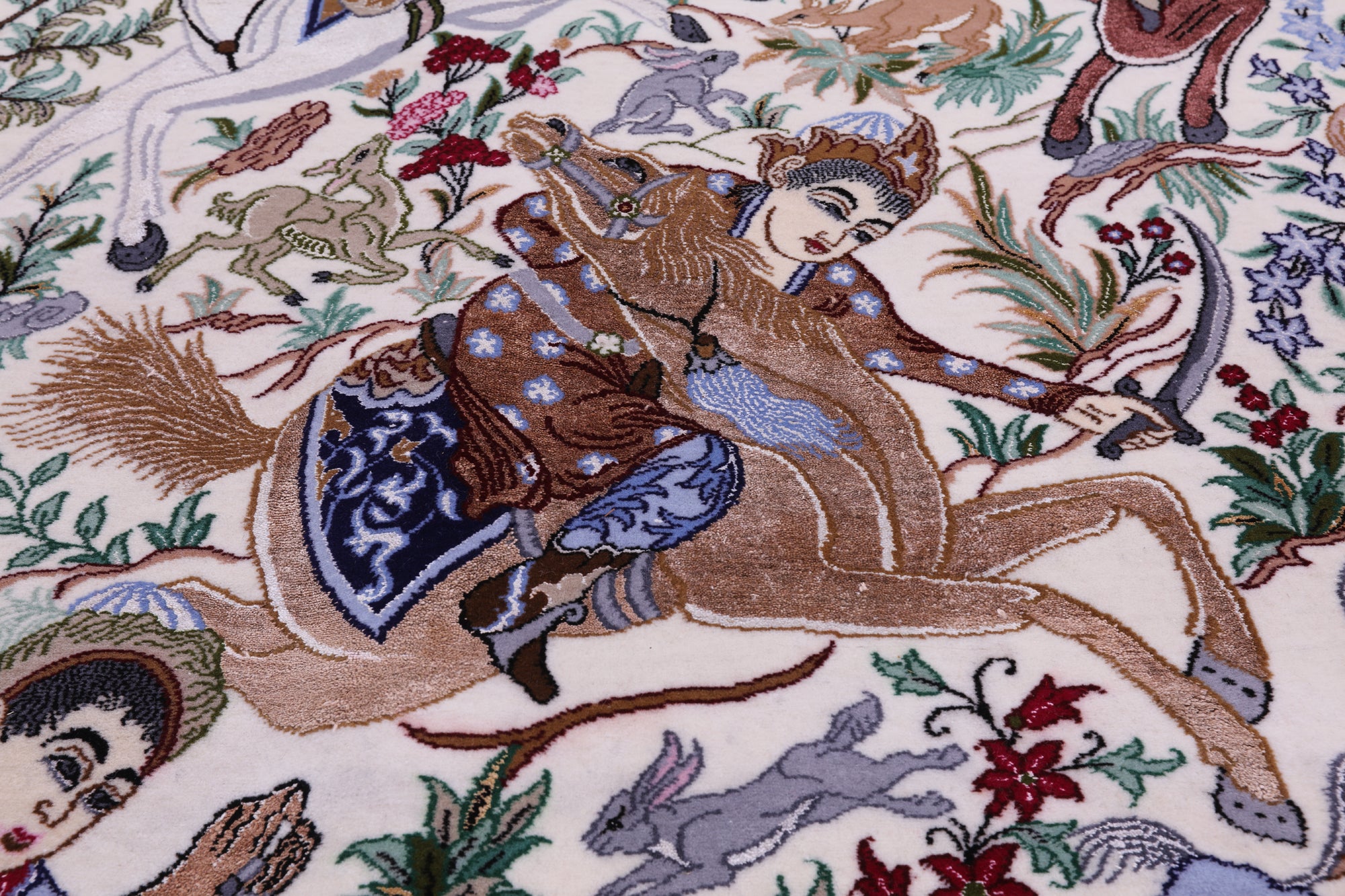 Signed Isfahan Authentic Persian Hunting Scene Hand Knotted Wool & Silk Area Rug - 5' 0" X 7' 10" - Golden Nile