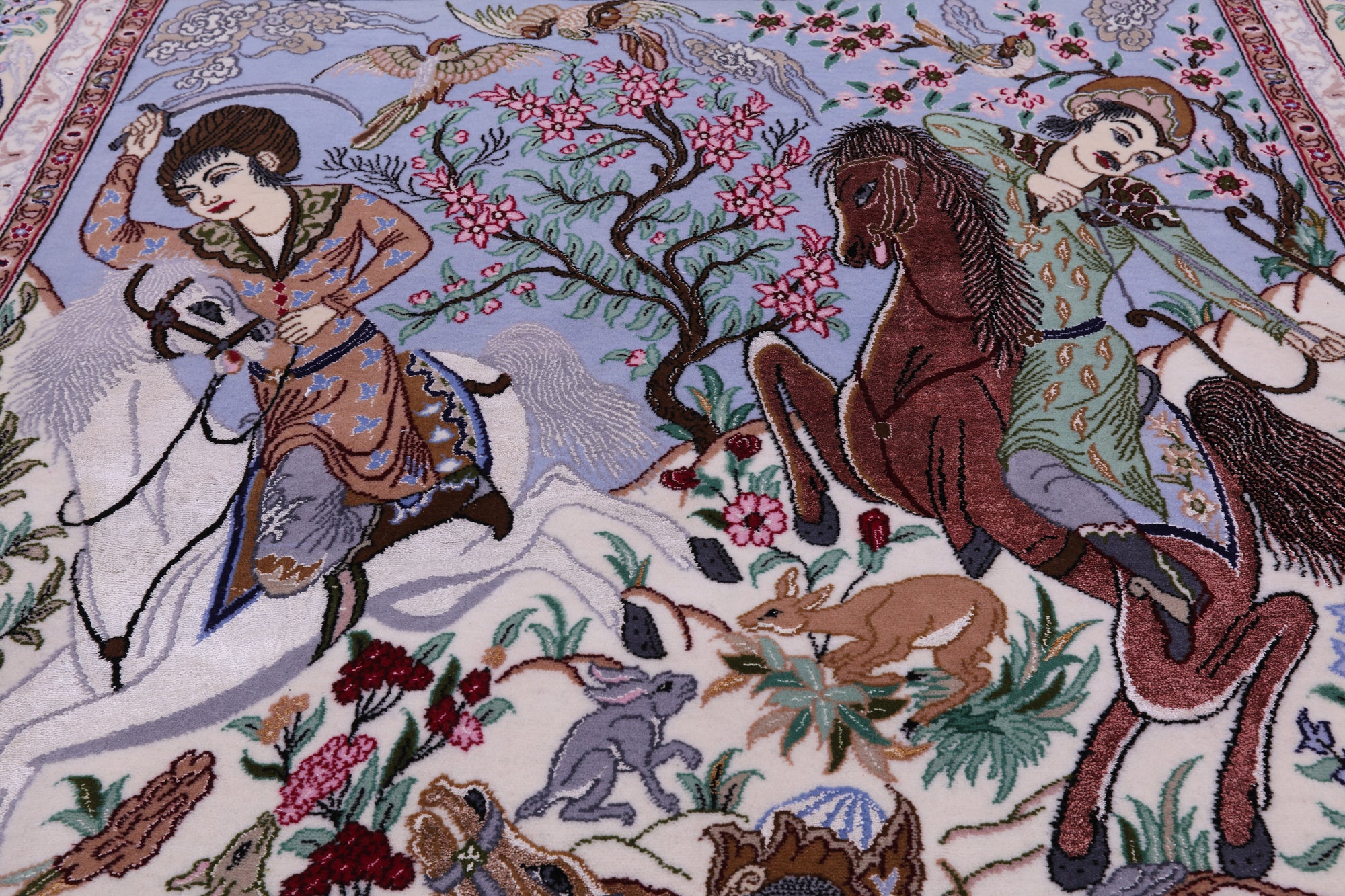 Signed Isfahan Authentic Persian Hunting Scene Hand Knotted Wool & Silk Area Rug - 5' 0" X 7' 10" - Golden Nile