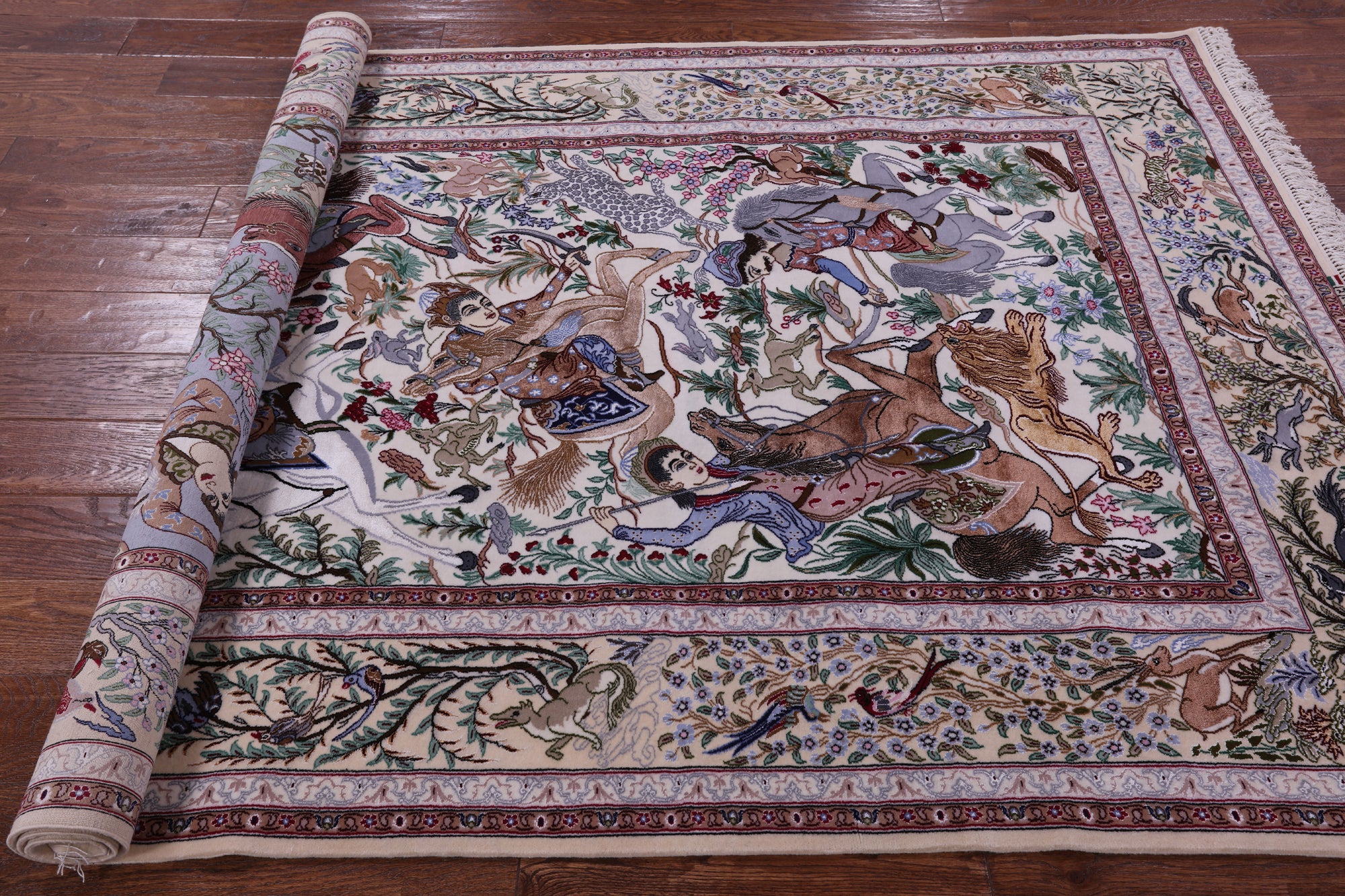 Signed Isfahan Authentic Persian Hunting Scene Hand Knotted Wool & Silk Area Rug - 5' 0" X 7' 10" - Golden Nile