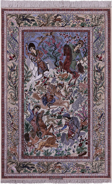 Signed Isfahan Authentic Persian Hunting Scene Hand Knotted Wool & Silk Area Rug - 5' 0" X 7' 10" - Golden Nile