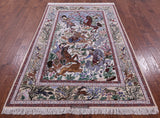 Signed Isfahan Authentic Persian Hunting Scene Hand Knotted Wool & Silk Area Rug - 5' 0" X 7' 10" - Golden Nile