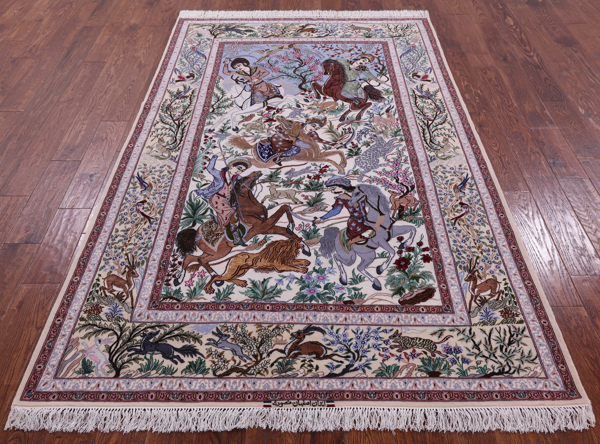 Signed Isfahan Authentic Persian Hunting Scene Hand Knotted Wool & Silk Area Rug - 5' 0" X 7' 10" - Golden Nile