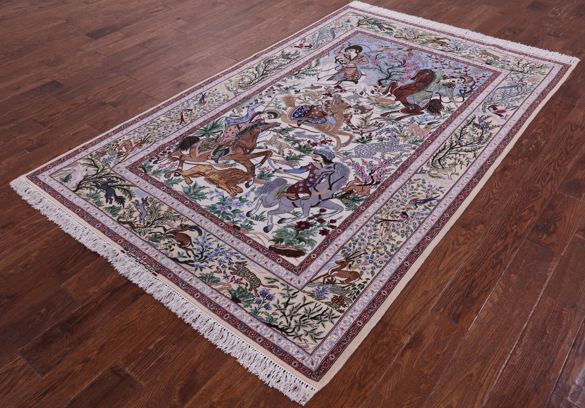Signed Isfahan Authentic Persian Hunting Scene Hand Knotted Wool & Silk Area Rug - 5' 0" X 7' 10" - Golden Nile