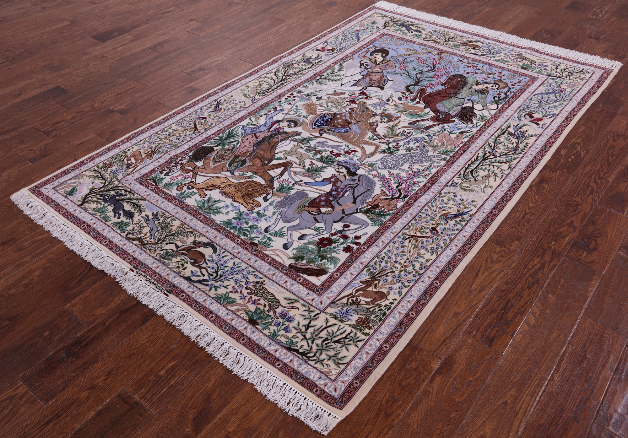 Signed Isfahan Authentic Persian Hunting Scene Hand Knotted Wool & Silk Area Rug - 5' 0" X 7' 10" - Golden Nile