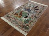 Signed Isfahan Authentic Persian Hunting Scene Hand Knotted Wool & Silk Area Rug - 3' 10" X 5' 9" - Golden Nile