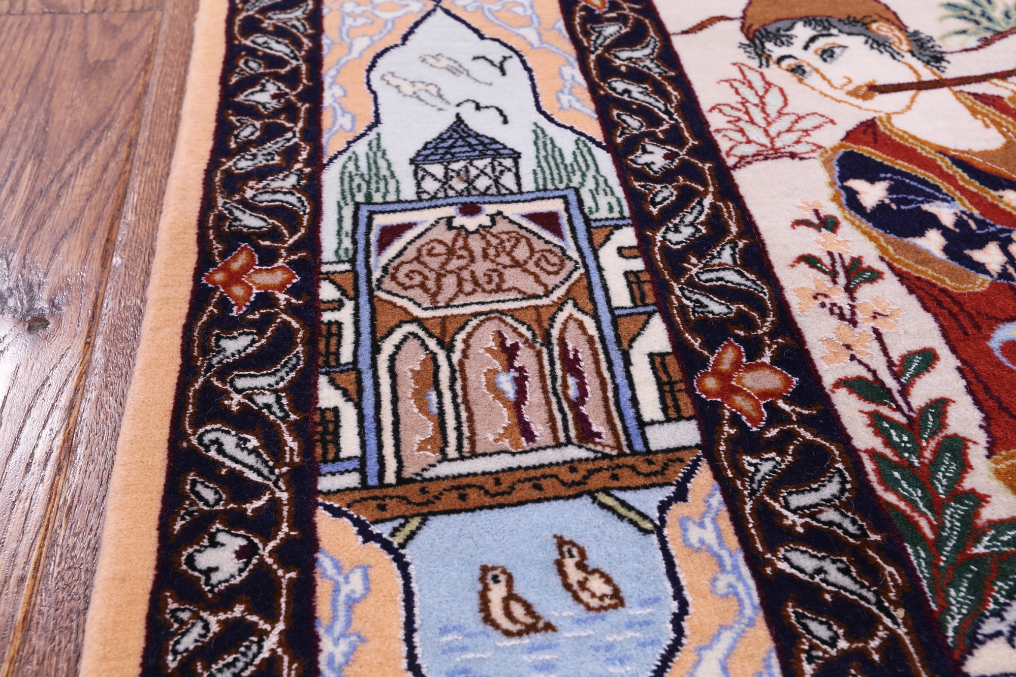 Signed Isfahan Authentic Persian Pictorial Hand Knotted Wool & Silk Area Rug - 3' 10" X 5' 6" - Golden Nile