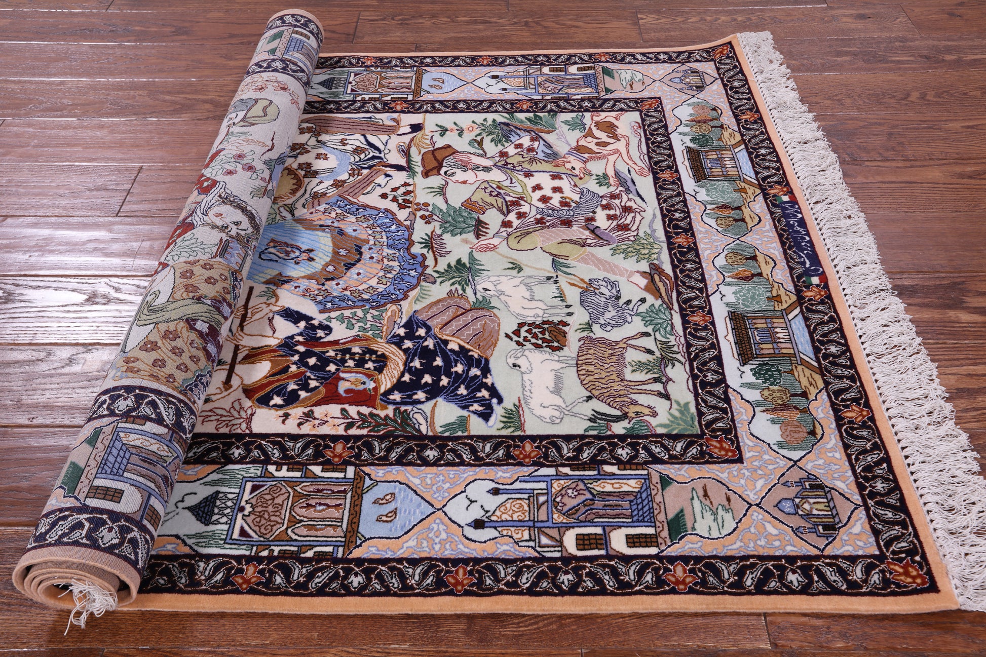 Signed Isfahan Authentic Persian Pictorial Hand Knotted Wool & Silk Area Rug - 3' 10" X 5' 6" - Golden Nile