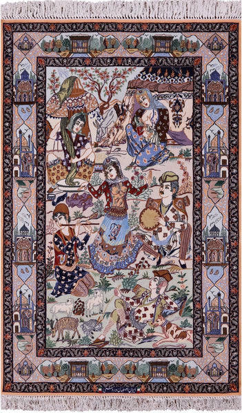 Signed Isfahan Authentic Persian Pictorial Hand Knotted Wool & Silk Area Rug - 3' 10" X 5' 6" - Golden Nile