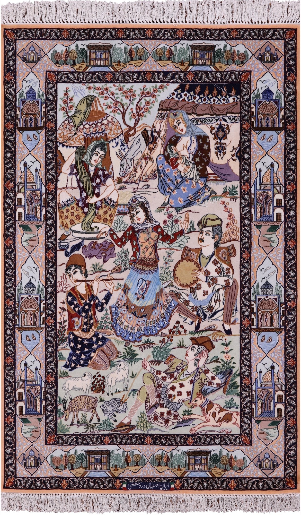 Signed Isfahan Authentic Persian Pictorial Hand Knotted Wool & Silk Area Rug - 3' 10" X 5' 6" - Golden Nile