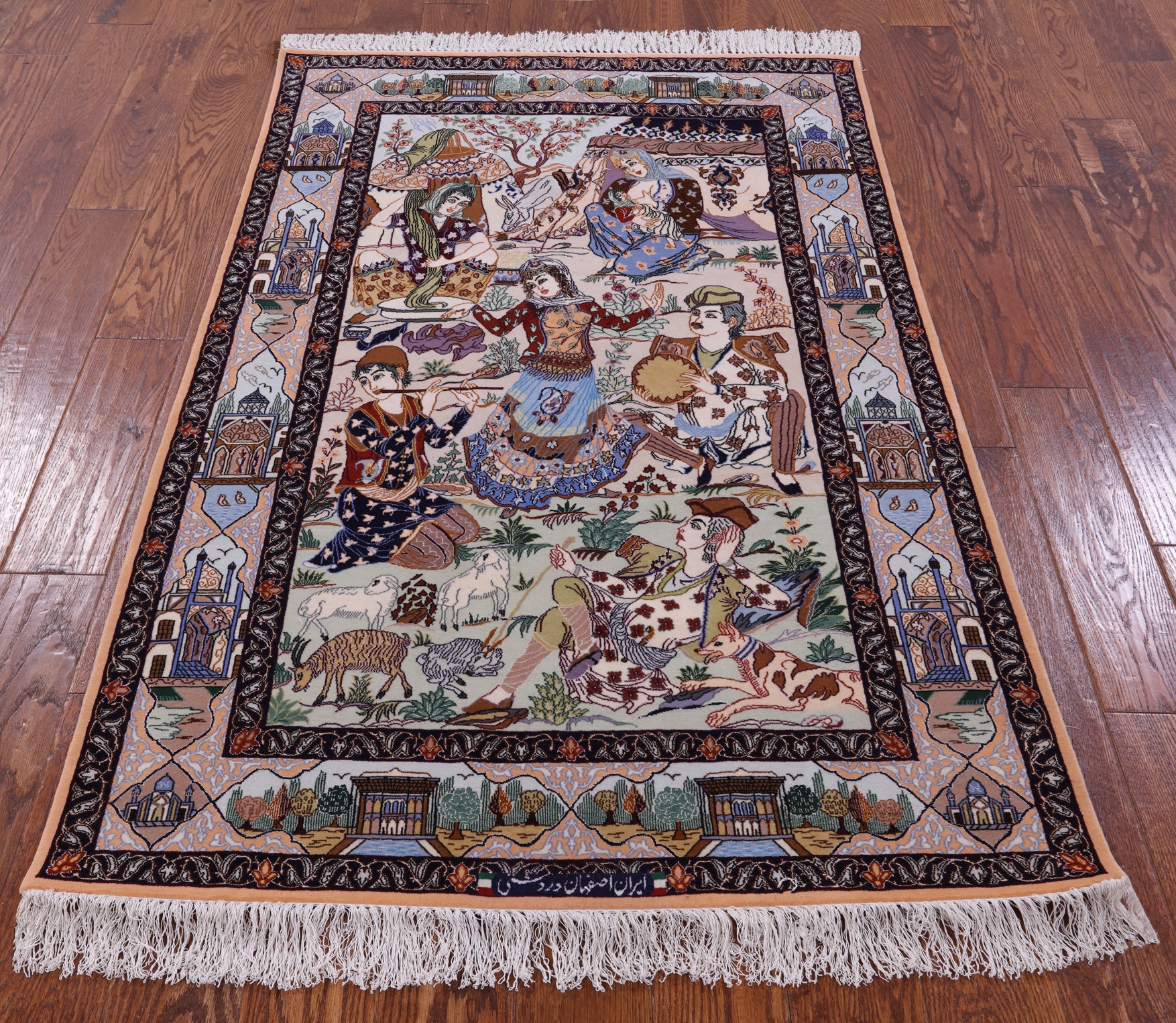 Signed Isfahan Authentic Persian Pictorial Hand Knotted Wool & Silk Area Rug - 3' 10" X 5' 6" - Golden Nile