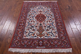 Ivory Signed Isfahan Authentic Persian Hand Knotted Wool & Silk Area Rug - 3' 8" X 5' 5" - Golden Nile