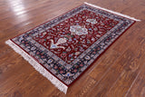 Red Signed Isfahan Authentic Persian Hand Knotted Wool & Silk Area Rug - 3' 10" X 5' 4" - Golden Nile