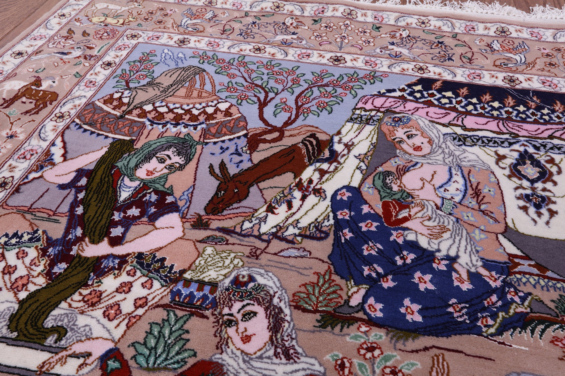 Signed Isfahan Authentic Persian Pictorial Hand Knotted Wool & Silk Area Rug - 3' 7" X 5' 2" - Golden Nile