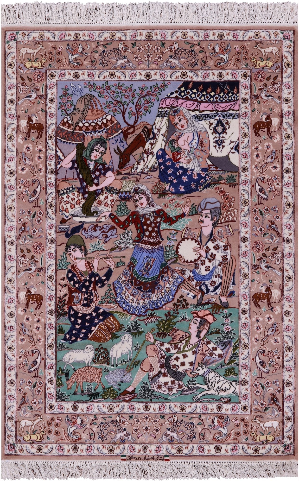 Signed Isfahan Authentic Persian Pictorial Hand Knotted Wool & Silk Area Rug - 3' 7" X 5' 2" - Golden Nile