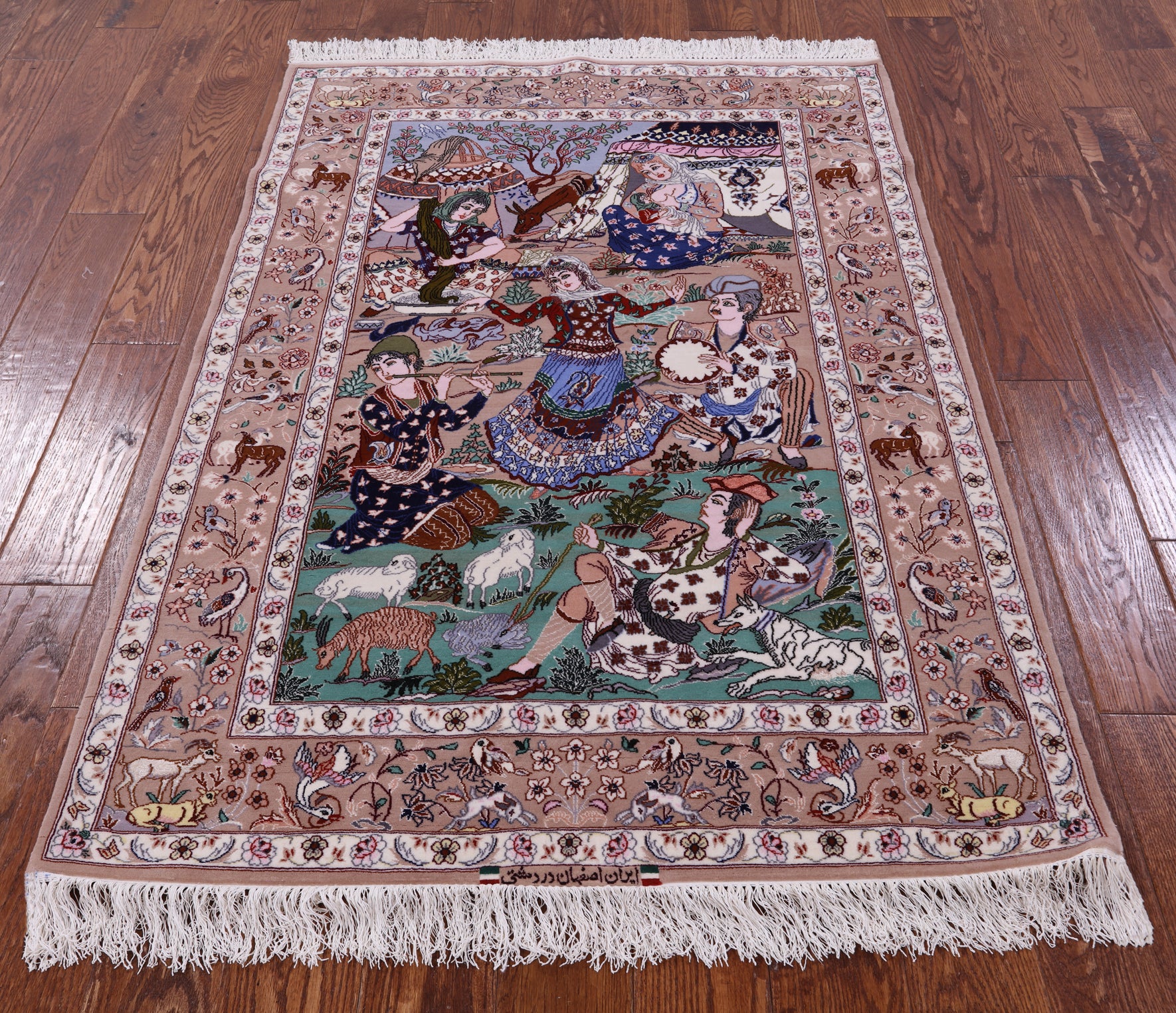 Signed Isfahan Authentic Persian Pictorial Hand Knotted Wool & Silk Area Rug - 3' 7" X 5' 2" - Golden Nile