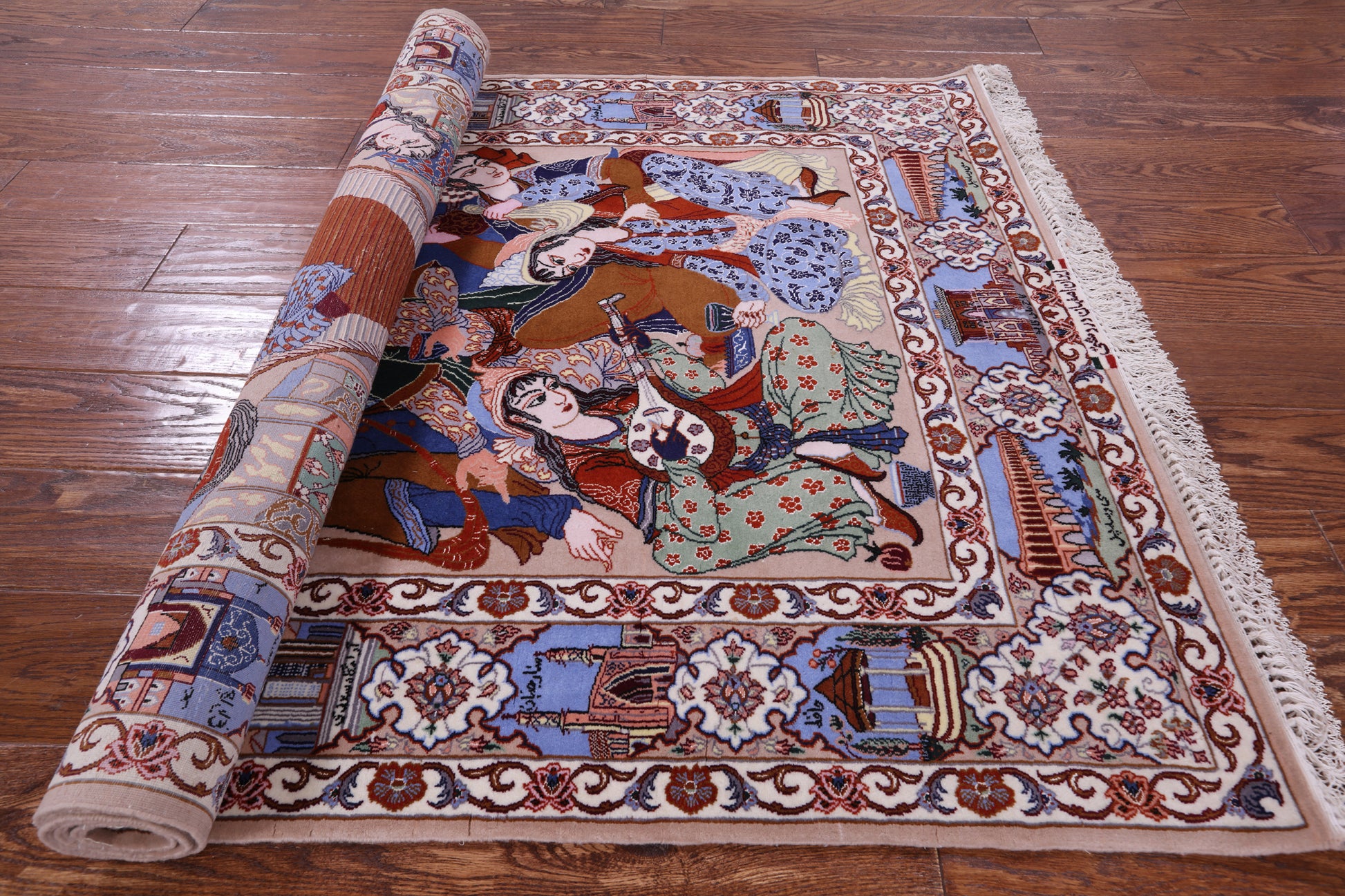 Signed Isfahan Authentic Persian Pictorial Hand Knotted Wool & Silk Area Rug - 3' 10" X 5' 7" - Golden Nile