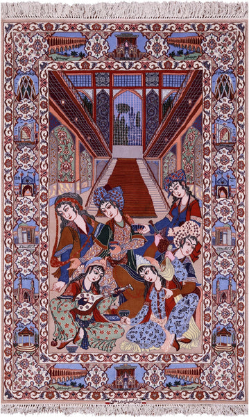Signed Isfahan Authentic Persian Pictorial Hand Knotted Wool & Silk Area Rug - 3' 10" X 5' 7" - Golden Nile