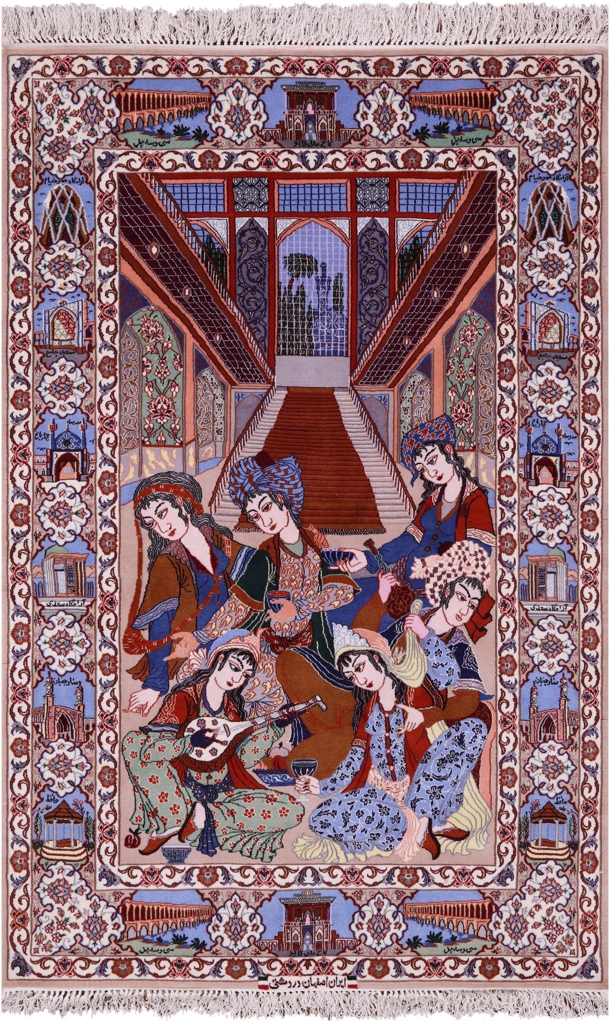 Signed Isfahan Authentic Persian Pictorial Hand Knotted Wool & Silk Area Rug - 3' 10" X 5' 7" - Golden Nile