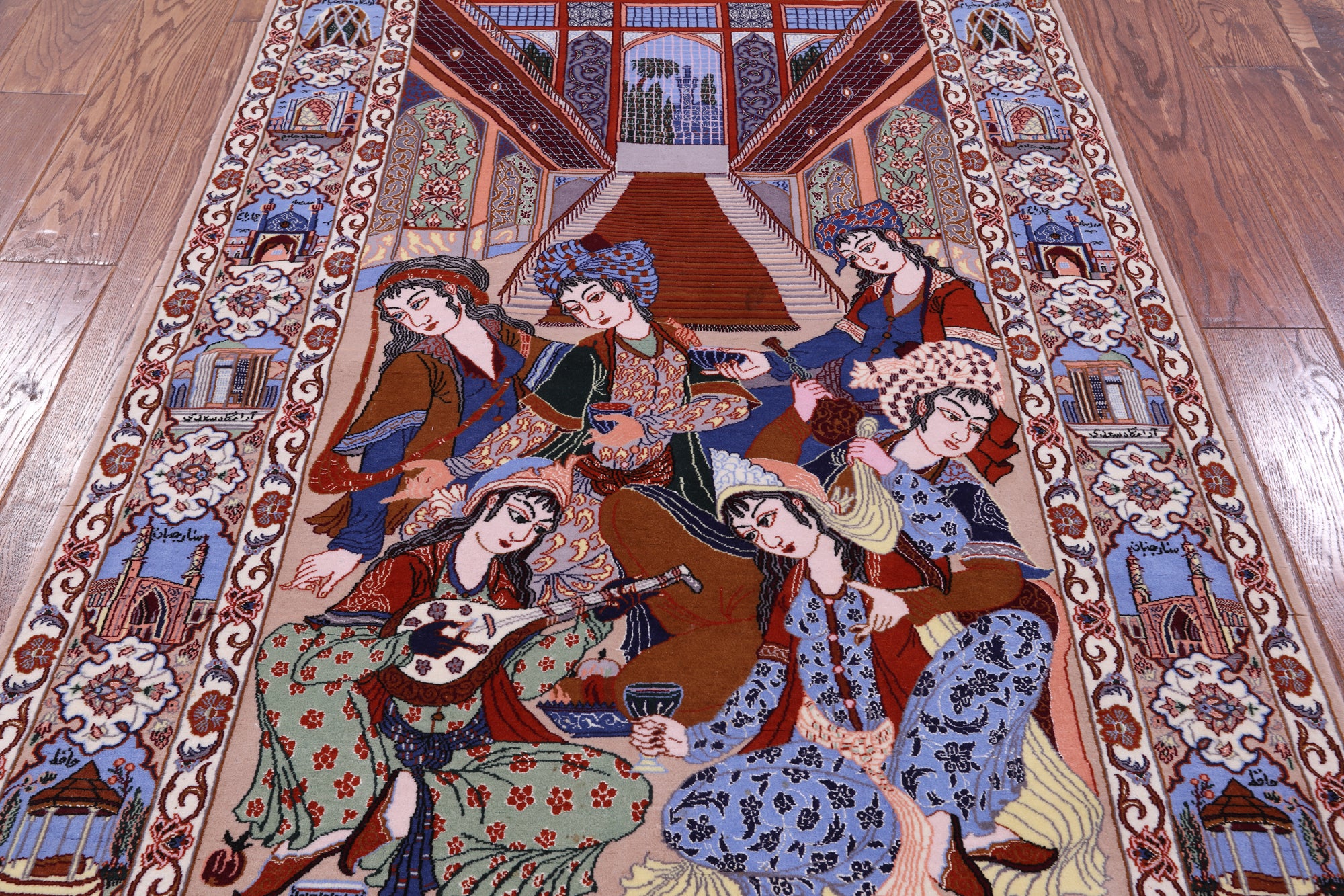 Signed Isfahan Authentic Persian Pictorial Hand Knotted Wool & Silk Area Rug - 3' 10" X 5' 7" - Golden Nile