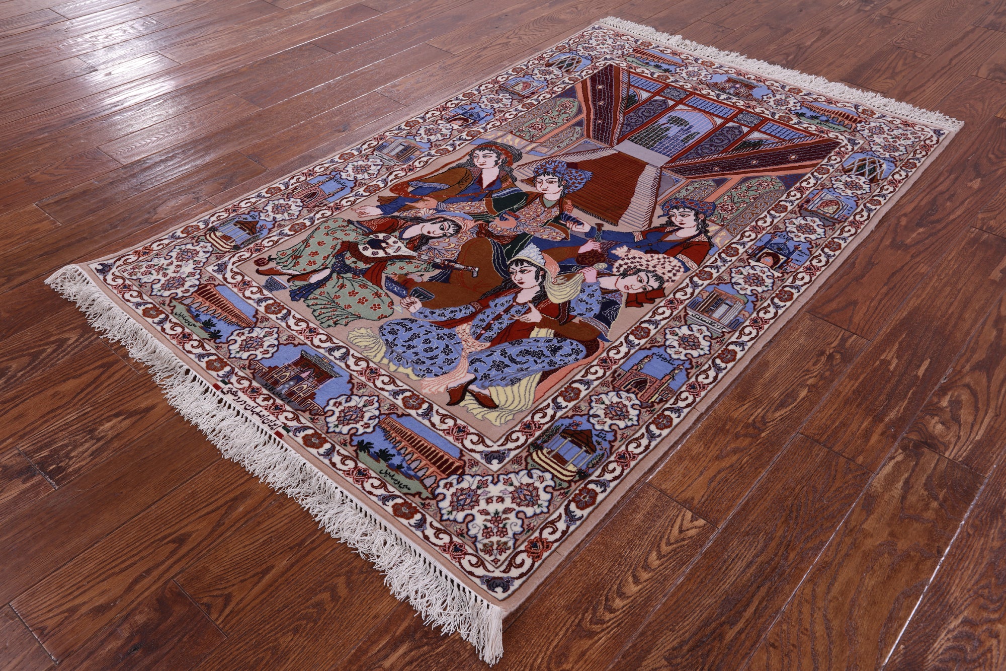 Signed Isfahan Authentic Persian Pictorial Hand Knotted Wool & Silk Area Rug - 3' 10" X 5' 7" - Golden Nile