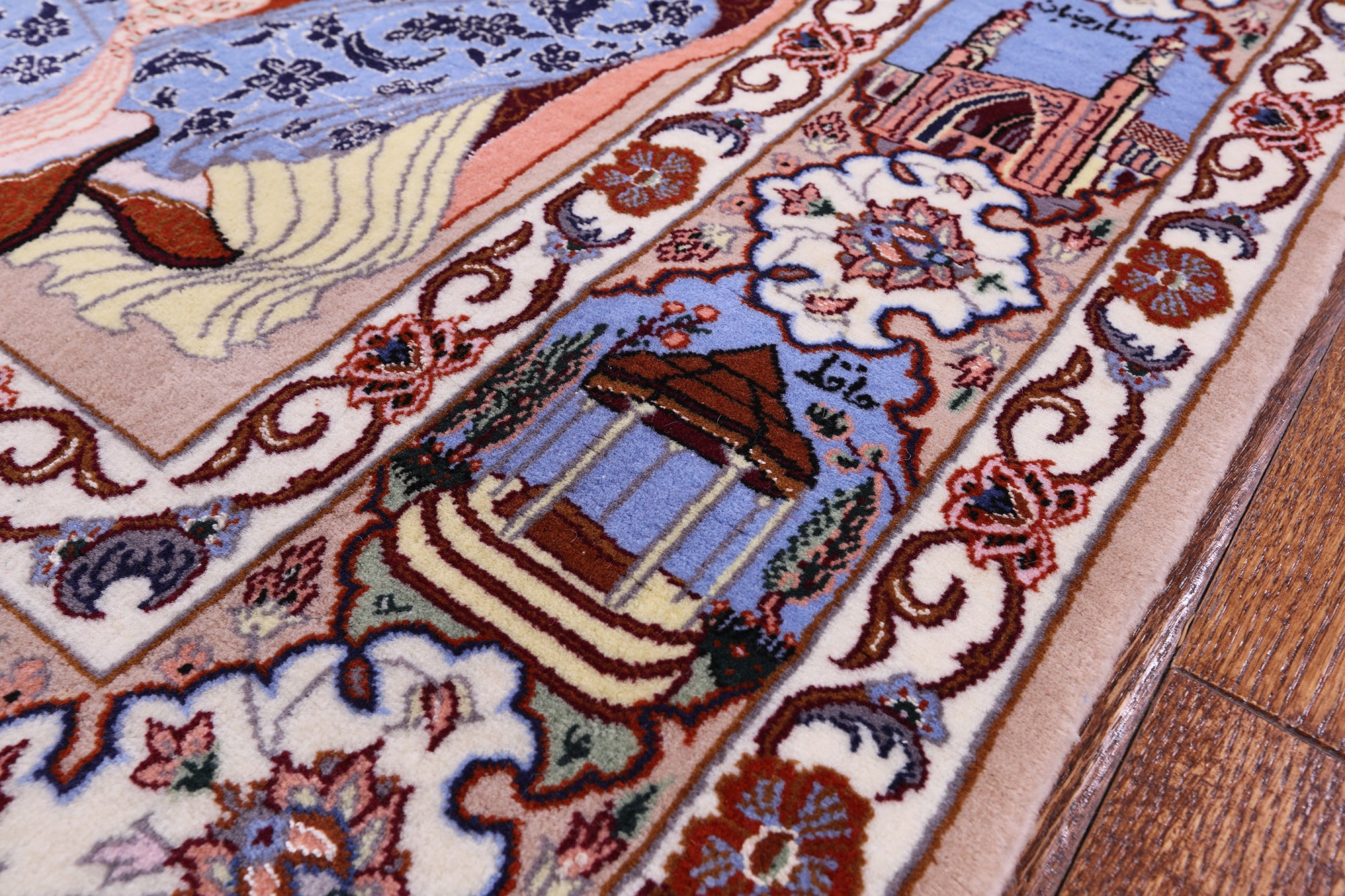 Signed Isfahan Authentic Persian Pictorial Hand Knotted Wool & Silk Area Rug - 3' 10" X 5' 7" - Golden Nile
