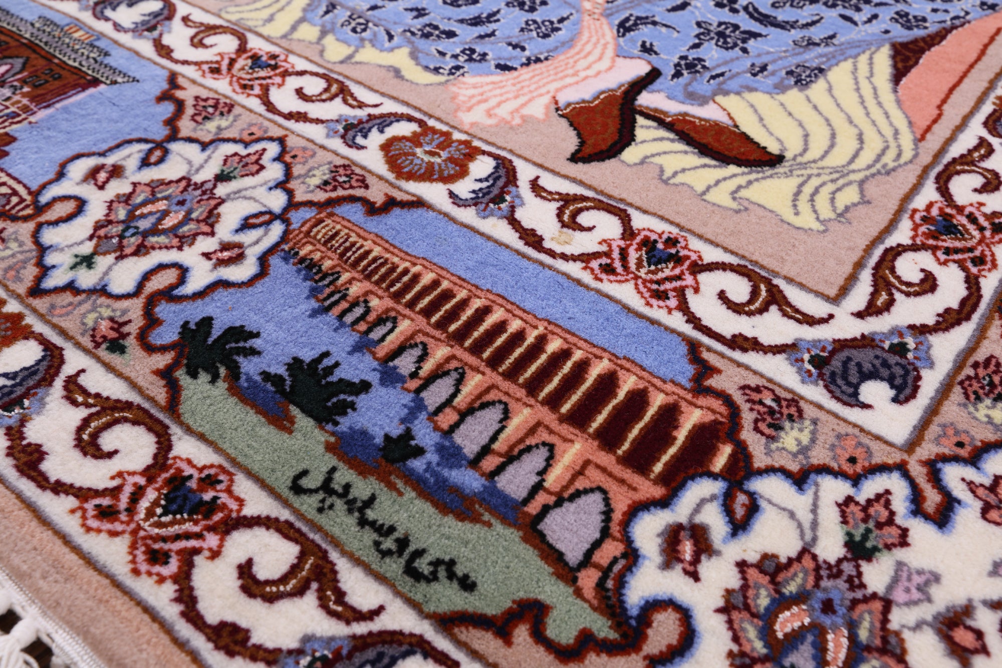Signed Isfahan Authentic Persian Pictorial Hand Knotted Wool & Silk Area Rug - 3' 10" X 5' 7" - Golden Nile