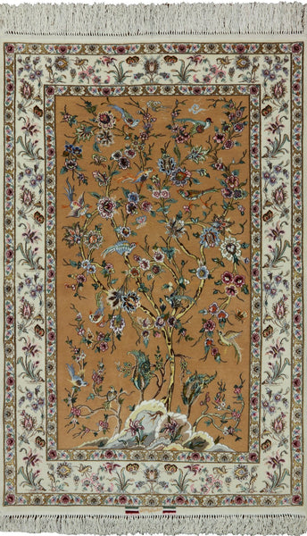 Isfahan Authentic Persian Hand Knotted Wool & Silk Area Rug - 3' 7" X 5' 7" - Golden Nile