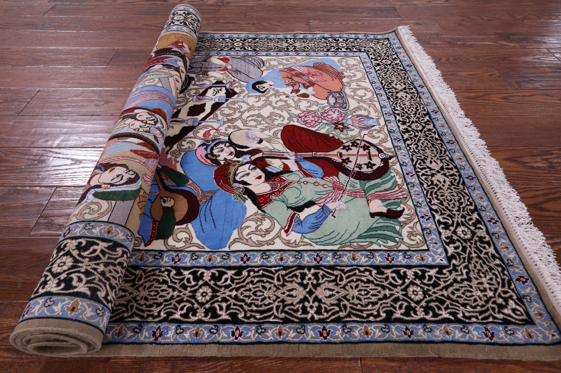 Isfahan Authentic Persian Pictorial Hand Knotted Wool & Silk Area Rug - 3' 7" X 5' 7" - Golden Nile