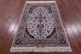 Ivory Signed Isfahan Authentic Persian Hand Knotted Wool & Silk Area Rug - 3' 8" X 5' 11" - Golden Nile