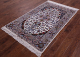 Ivory Signed Isfahan Authentic Persian Hand Knotted Wool & Silk Area Rug - 3' 8" X 5' 11" - Golden Nile