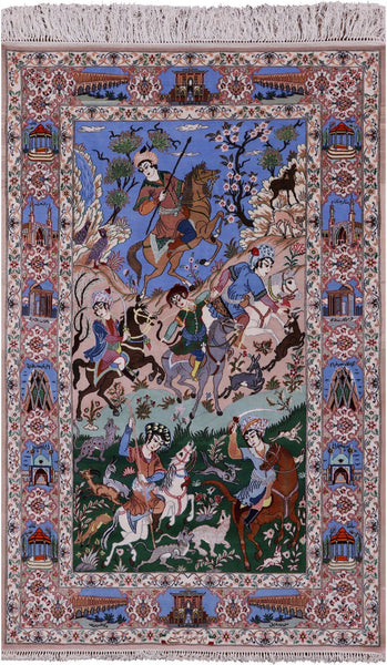 Signed Isfahan Authentic Persian Hunting Scene Hand Knotted Wool & Silk Area Rug - 4' 3" X 6' 7" - Golden Nile