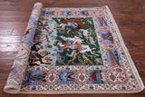 Signed Isfahan Authentic Persian Hunting Scene Hand Knotted Wool & Silk Area Rug - 4' 3" X 6' 7" - Golden Nile