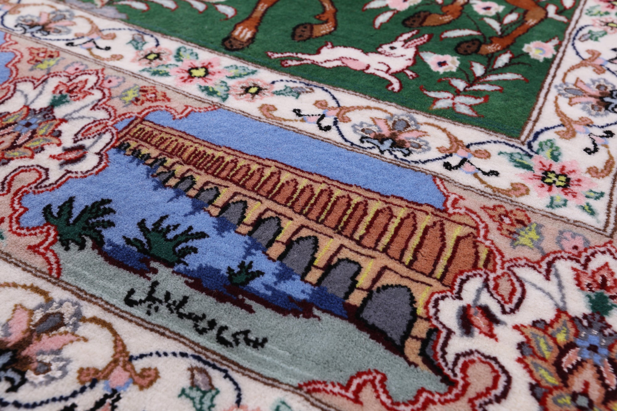 Signed Isfahan Authentic Persian Hunting Scene Hand Knotted Wool & Silk Area Rug - 4' 3" X 6' 7" - Golden Nile