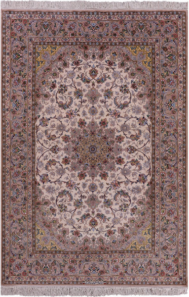 Ivory Signed Isfahan Authentic Persian Hand Knotted Wool & Silk Area Rug - 5' 3" X 7' 9" - Golden Nile