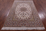 Ivory Signed Isfahan Authentic Persian Hand Knotted Wool & Silk Area Rug - 5' 3" X 7' 9" - Golden Nile