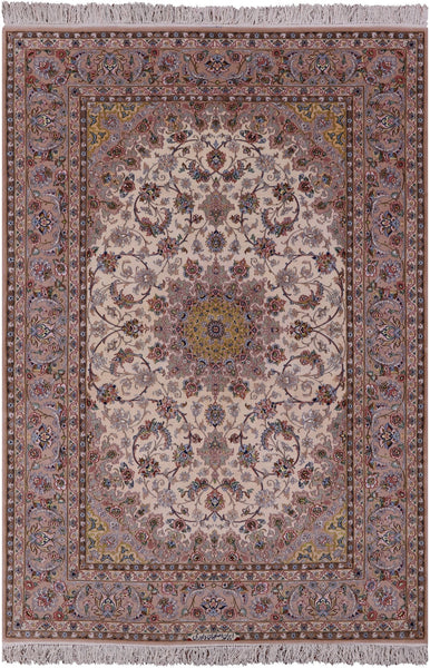 Ivory Signed Isfahan Authentic Persian Hand Knotted Wool & Silk Area Rug - 5' 5" X 7' 10" - Golden Nile