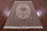 Ivory Signed Isfahan Authentic Persian Hand Knotted Wool & Silk Area Rug - 5' 5" X 7' 10" - Golden Nile