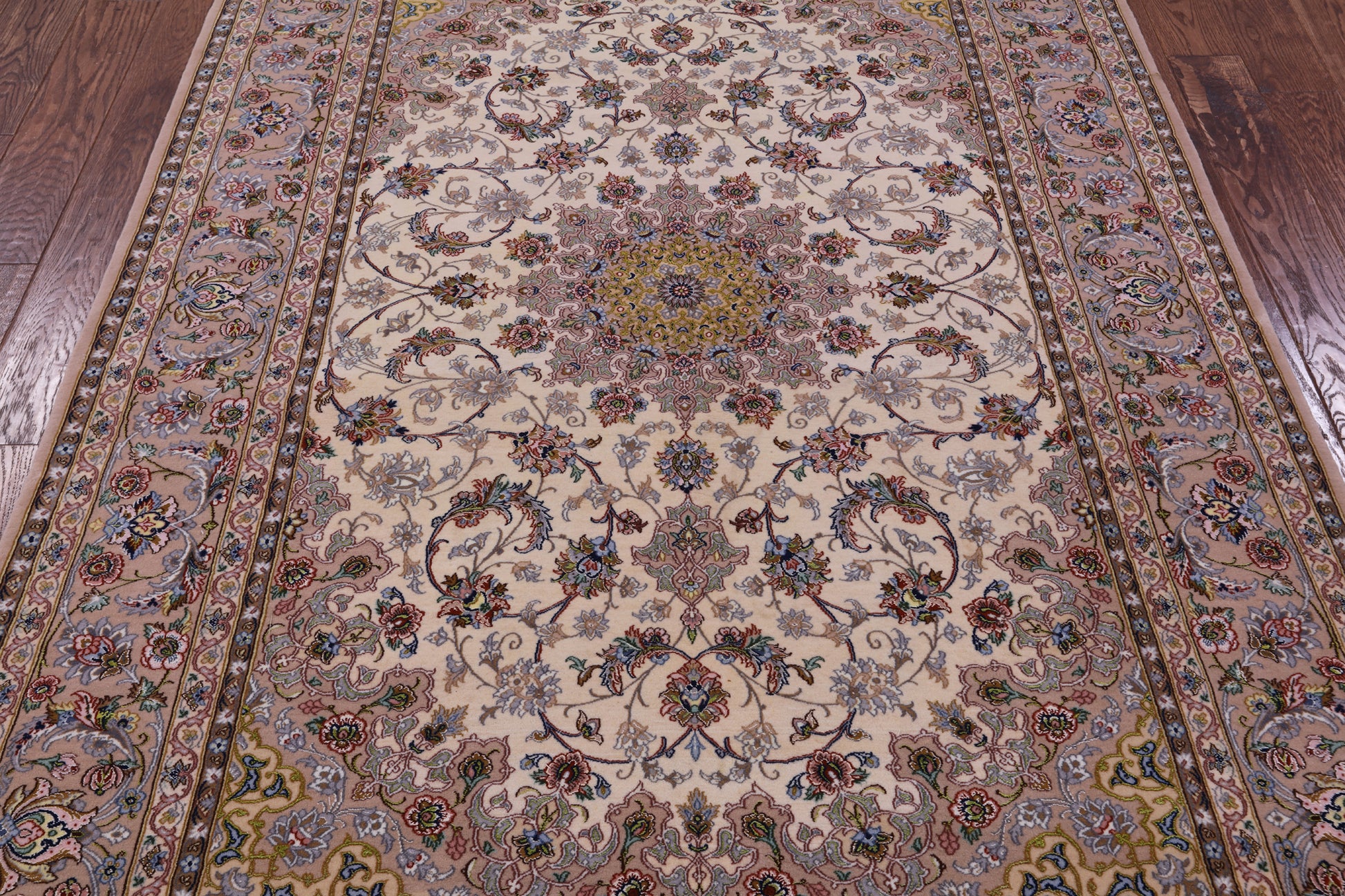 Ivory Signed Isfahan Authentic Persian Hand Knotted Wool & Silk Area Rug - 5' 5" X 7' 10" - Golden Nile