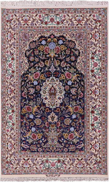 Blue Signed Isfahan Authentic Persian Hand Knotted Wool & Silk Area Rug - 4' 11" X 7' 8" - Golden Nile