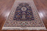 Blue Signed Isfahan Authentic Persian Hand Knotted Wool & Silk Area Rug - 4' 11" X 7' 8" - Golden Nile