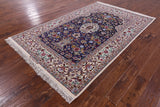 Blue Signed Isfahan Authentic Persian Hand Knotted Wool & Silk Area Rug - 4' 11" X 7' 8" - Golden Nile