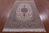 Ivory Signed Isfahan Authentic Persian Hand Knotted Wool & Silk Area Rug - 5' 1" X 7' 9" - Golden Nile